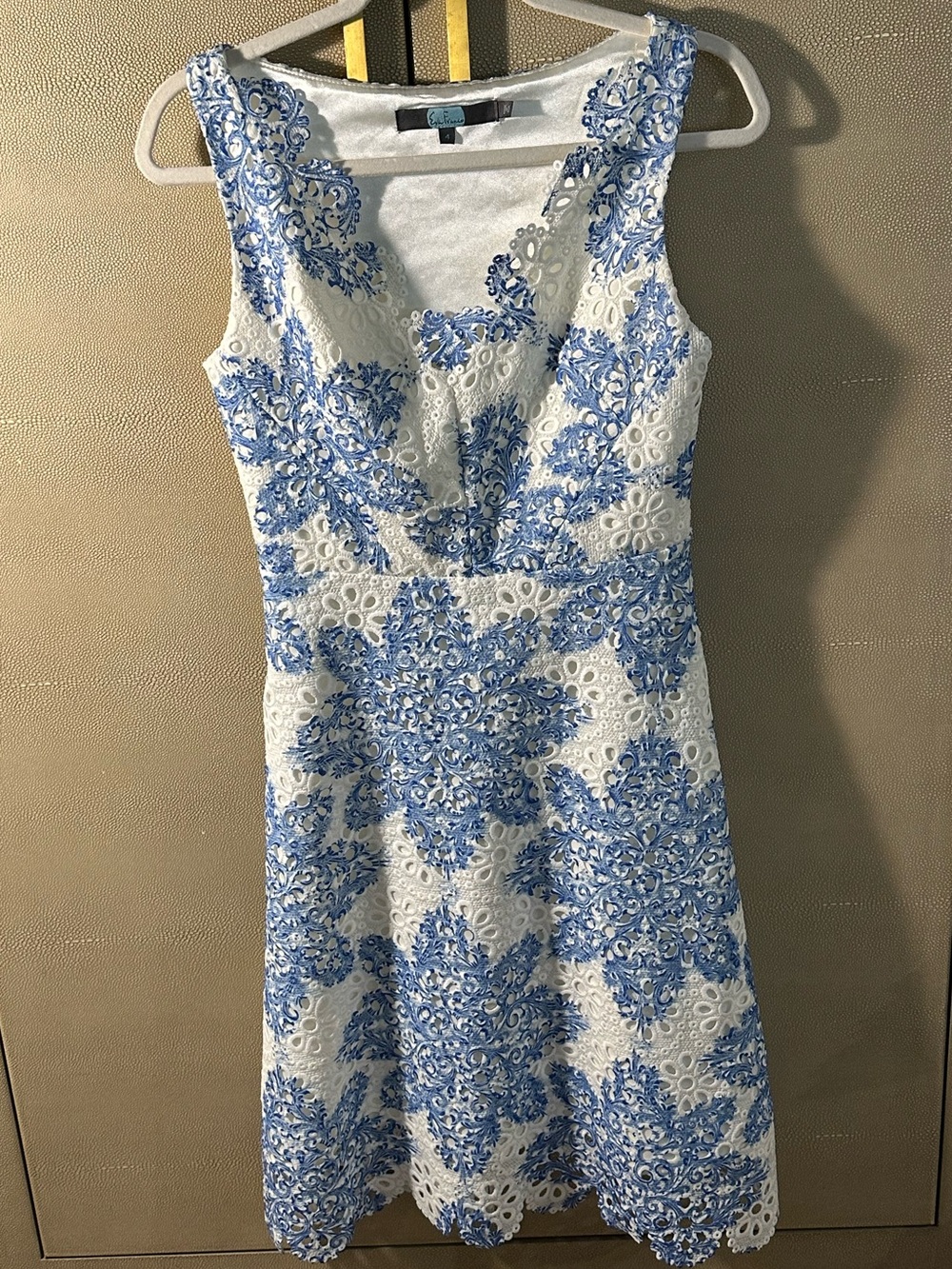 Eva Franco White Dress with Blue Floral Lace